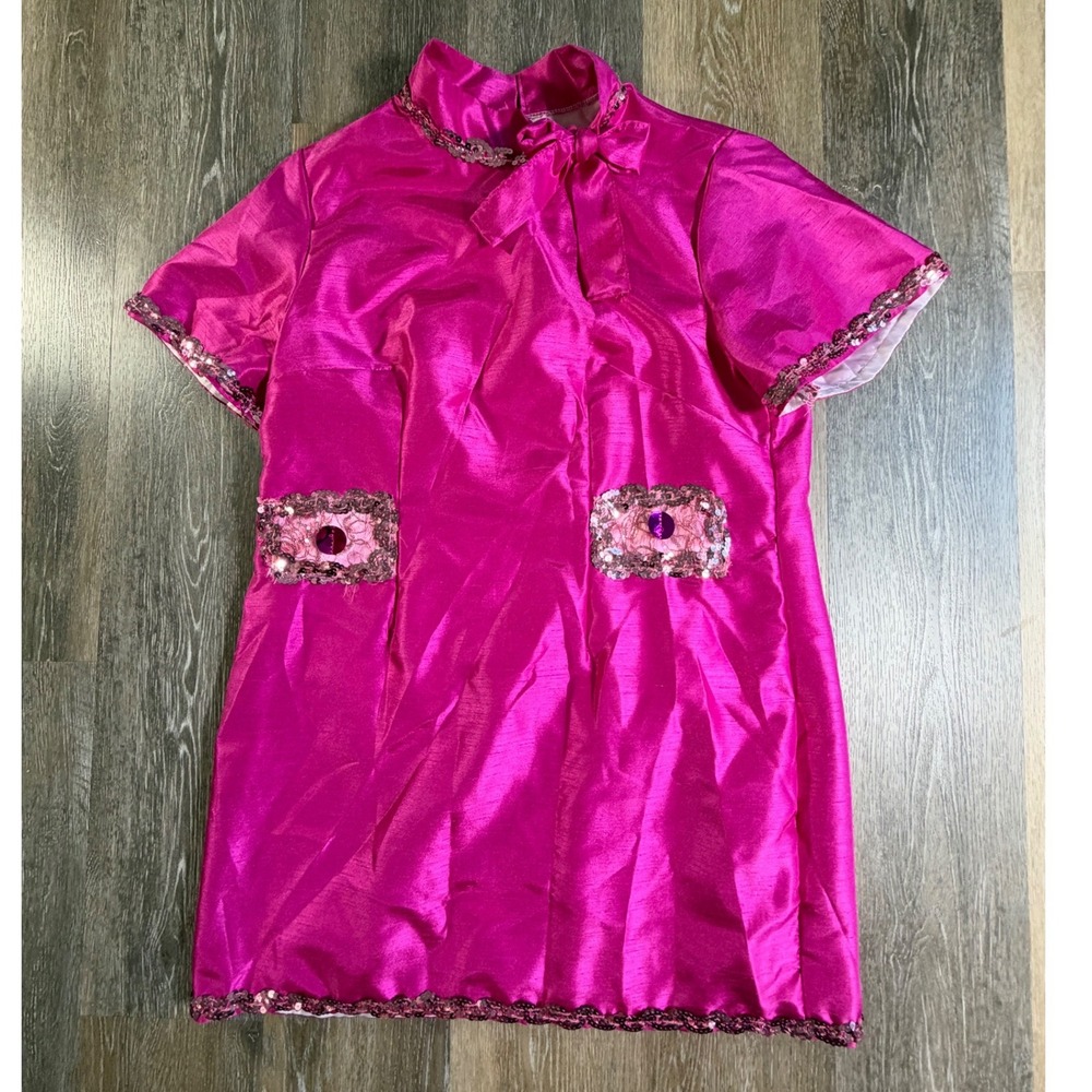 Bienville Costumes Shift Dress Womens XL Pink Sequin Trim Bow Neck Mod Retro